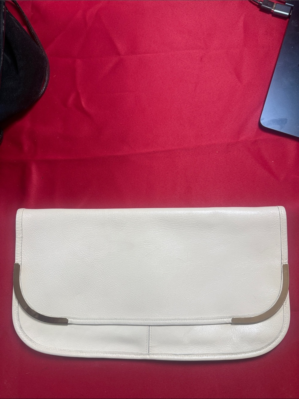 Vintage Dove Cream Leather Foldover Clutch with Subtle Gold Metal Trim